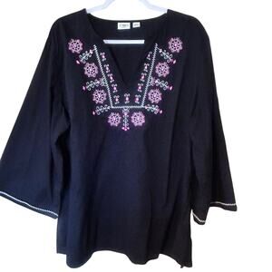 CATO Woman Tunic Top Black Embroidery Peasant Blouse Hippie Boho SZ 18/20W Y2K